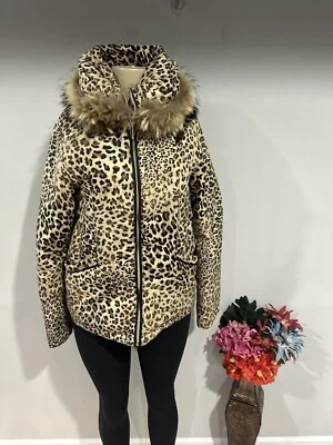 Abrigo de Plumón Talla Pequeña Mujer Leopardo Guepardo Animal Estampado Via Spiga Parka Hinchada Foto 1 de 4
