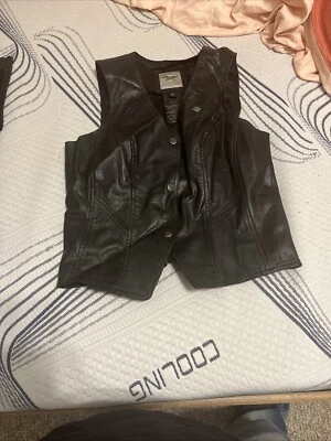 Leather Motorcycle Vest Xelement Woman Sz M Black Studs Button Front - Image 1 of 3