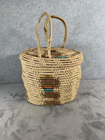 Vintage Hand Woven Seagrass Round Bowl Basket Purse With Lid and Handles Cover