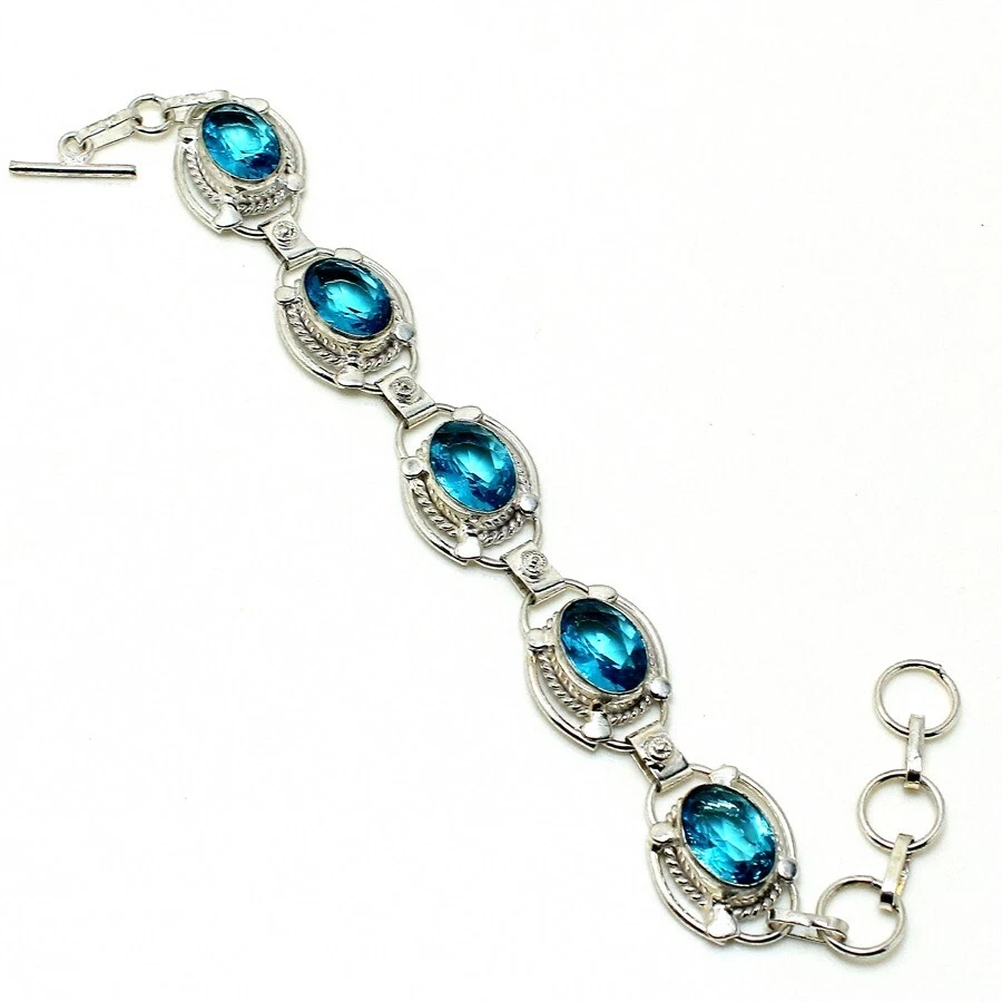 Brazalete suizo de plata de ley 925 con piedras preciosas de topacio azul hecho a mano talla 7-8" Foto 1 de 1