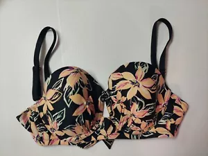 Xhilaration gepolstertes Bikini-Schwimmenoberteil Damen Größe D/DD schwarz pfirsichrosa Blumenmuster - Bild 1 von 3