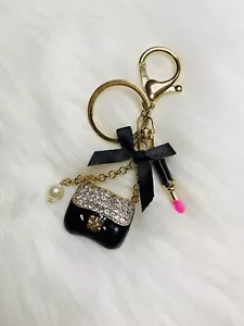 Mini Handbag Lipstick Bag Charm Keychain Keyring Purse Pendant Black Gold - Picture 1 of 2