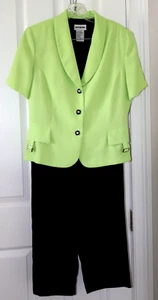 Women's Pant Suit PERCEPTIONS Short Sleeve Green Top and Black Pants Size 12 - Picture 1 of 13