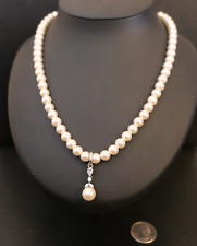 Signed SU Faux Pearl 20" Necklace w/ CZ Dangle Silver Tone Pendant !!!
