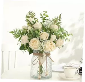 Artificial Flowers with Vase, Silk Roses Fake Flowers in Vase, Faux Cream White - Picture 1 of 7