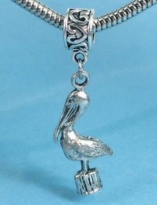 Pelican Lovers 3D Pewter Dangle Slider Charm - Picture 1 of 1