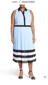 schönes Michael Kors Kleid 18W hellblau, am Saum gestreift, Plissee - Bild 1 von 8