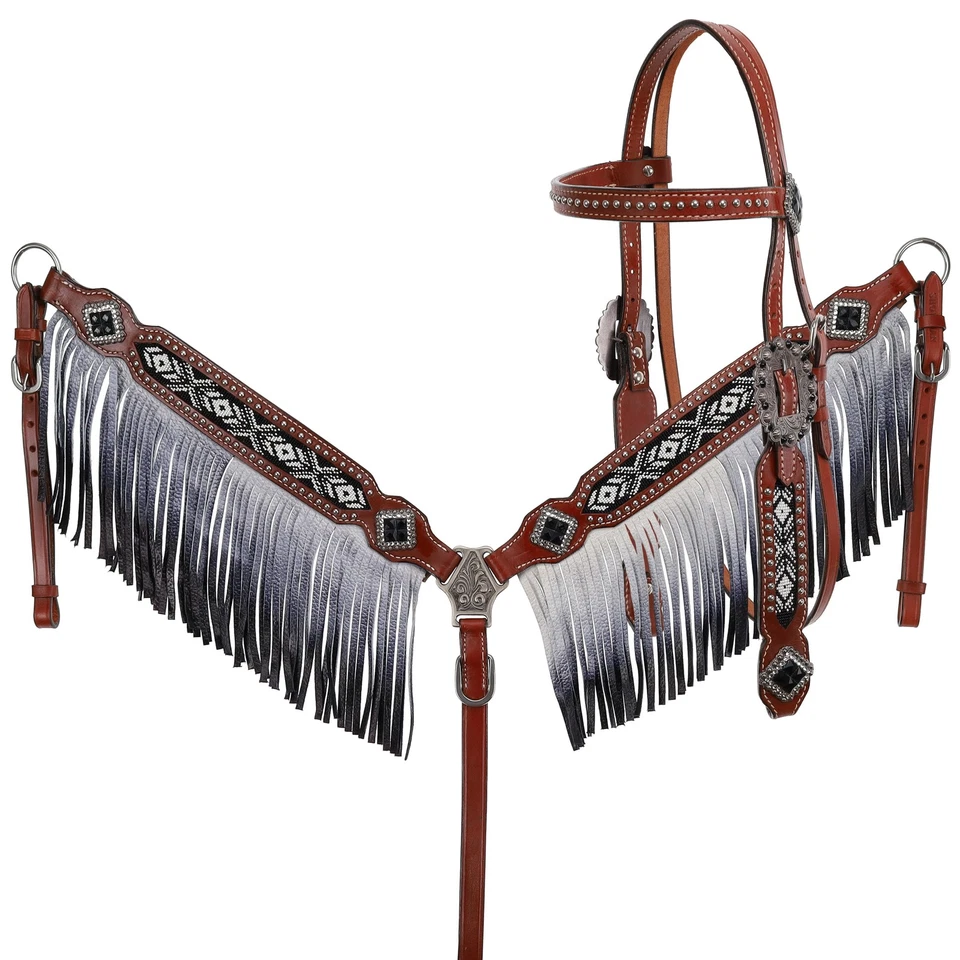 Showman Black and White Beaded Headstall Breast Collar Set Ombre Leather Fringe