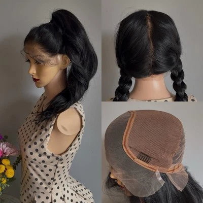 Полный кружевной ежедневный парик!  Длинные волнистые черные. Смесь человеческих волос, бесплатная деталь - Изображение 1 из 4