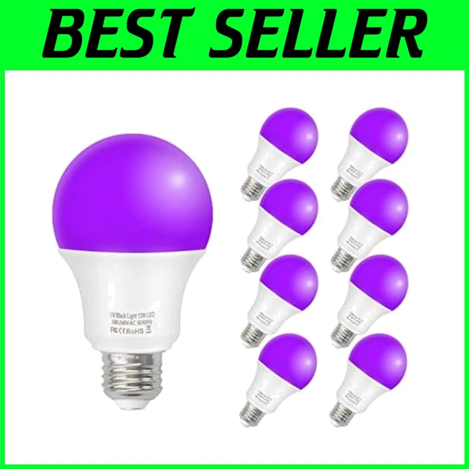 8 Pack UV Black Light Bulbs - 12W E26 for Parties, Halloween & Holiday Fun - Image 1 of 4
