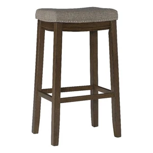 Linon Claridge Bar Stool Gray Woven Padded Seat Wood Frame in Rustic Brown - Picture 1 of 14