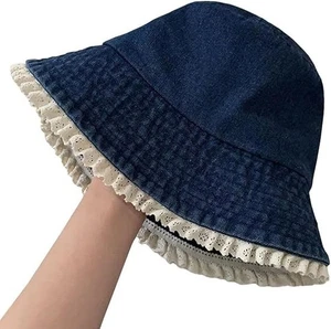 Fischerhut für Damen, süßer Y2K Spitze breite Krempe Denim Sonnenhut für Sommer dunkelblau - Bild 1 von 5
