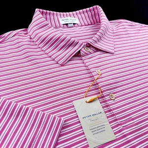 Peter Millar Crown Sport Performance Striped Mesh Polo Pink Ruby Large - Picture 1 of 6