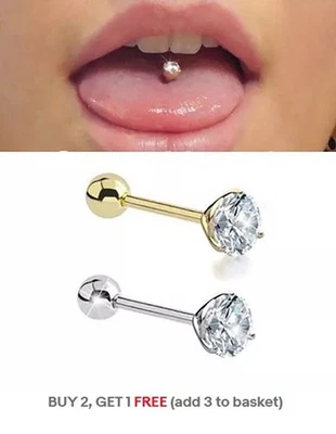 14g Tongue Bar Surgical steel Body Piercing CZ CRYSTAL  Jewellery Studs Gold - Image 1 of 4