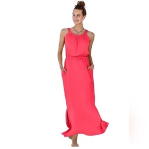 Maxi abito Venere corallo rosa caldo senza maniche scollo raccolto grande - Foto 1 di 10