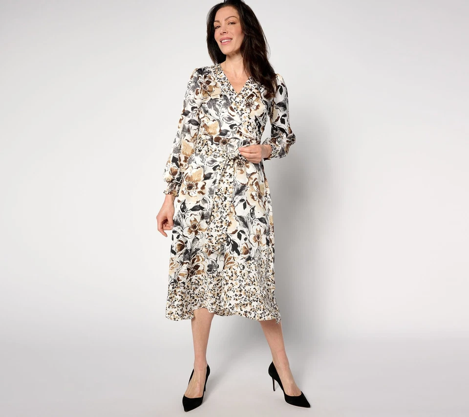 Isaac Mizrahi Live! Nuevo Vestido Midi Pequeño Estampado Floral Imitación Envolvente Marfil 14 Foto 1 de 1