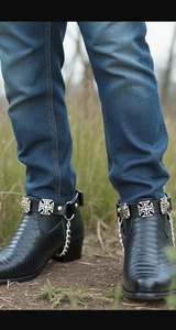 New Men Biker Chain Black Faux Leather Bands Boots 2 Straps Maltese Cross A PAIR - Picture 1 of 24