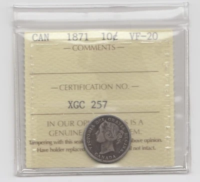 1871 Canada 10 Cents Silver Coin ICCS VF20 - Image 1 of 2