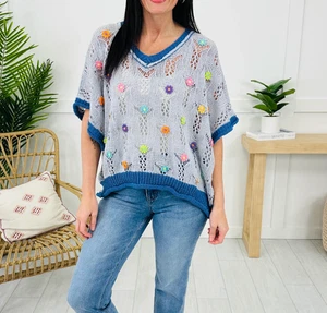 POL Large Poppy Paradise Top In Light Blue/Ultramarine - Picture 1 of 7
