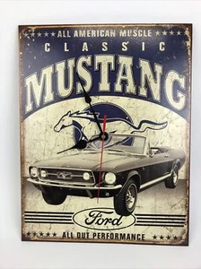 Ford Mustang Tin Sign Metal Clock Rustic Garage Muscle Car 1 of a Kind Folk Art - Picture 1 of 12