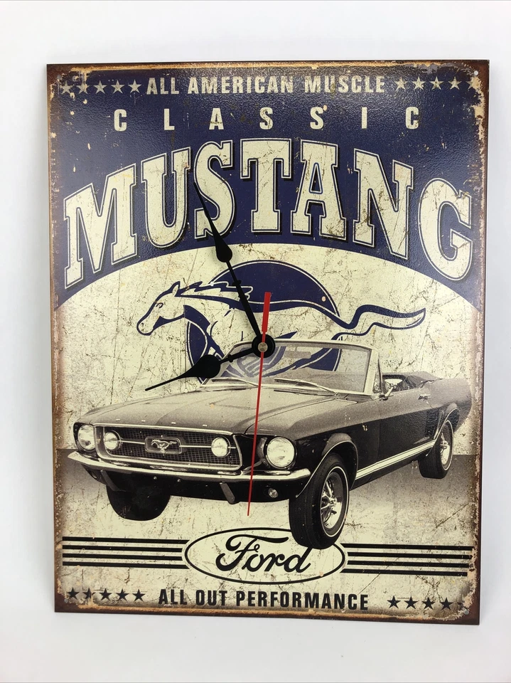 Ford Mustang Tin Sign Metal Clock Rustic Garage Muscle Car 1 of a Kind Folk Art - Image 1 of 4