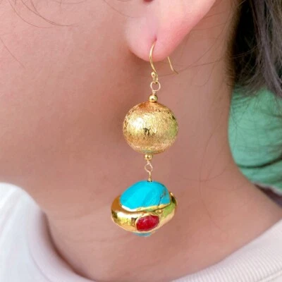 Blue Turquoises Multi Color Jade Trimmed Dangle 925 Silver Hook Earrings - Image 1 of 4