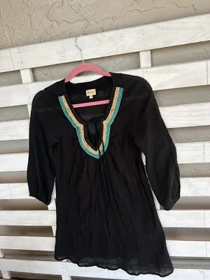 Mini vestido Ella Moss gaze com miçangas preto 100% algodão tamanho P - Imagem 1 de 4