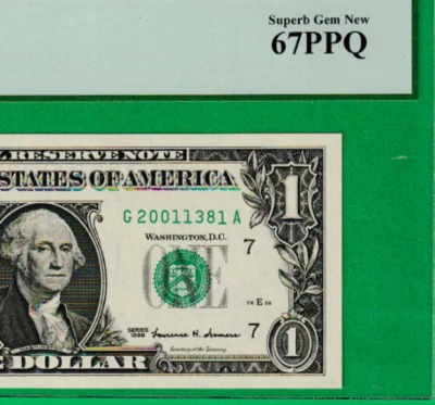 1999  $1  Federal Reserve note BIRTH YEAR Serial Numbers "" 2001 "" 1381 PCGS 67 - Image 1 of 3