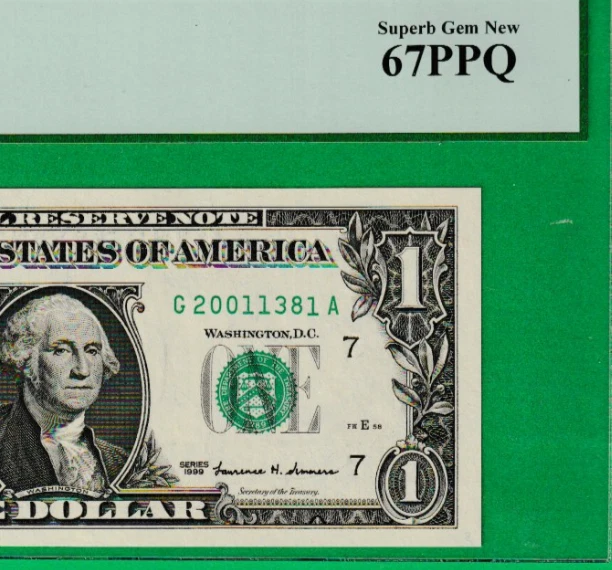 1999  $1  Federal Reserve note BIRTH YEAR Serial Numbers "" 2001 "" 1381 PCGS 67 - Image 1 of 3