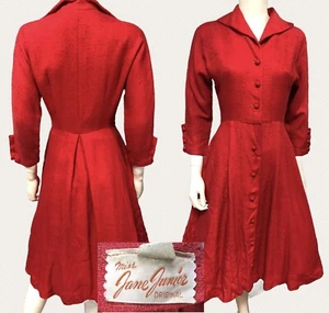 VTG 1940s NEW LOOK Cherry Red SLUBBED LINEN PRINCESS DRESS "Miss Jane Junior" - Picture 1 of 12