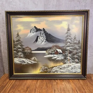 Framed Oil on Canvas Painting, Cottage River Mountain Snow Scene Signed WOLFE - Picture 1 of 21