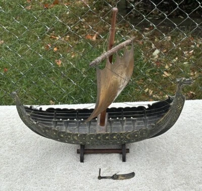 EDWARD AAGAARD 16" BRONZE Viking Ship Iron Art Copenhagen Denmark With Stand - Image 1 of 4