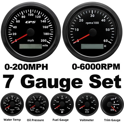 7 Gauge Set Black 85mm GPS Speedometer 200MPH Tachometer 6000RPM for Marine Boat - Image 1 of 4