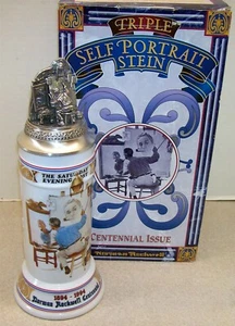 NORMAN ROCKWELL TRIPLE SELP PORTRAIT GM6 BUDWEISER LIDDED STEIN MUG 1993 BY GERZ - Picture 1 of 5