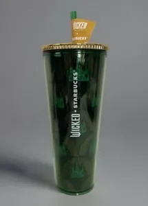 STARBUCKS WICKED Emerald City Gold Metallic Green 24oz Cold Cup Limited Edition - Picture 1 of 5