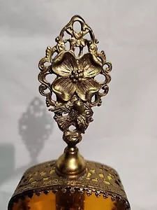 Vintage Ormolu Perfume Bottle Gold Filigree Amber Glass Beveled W Dauber - Picture 1 of 17