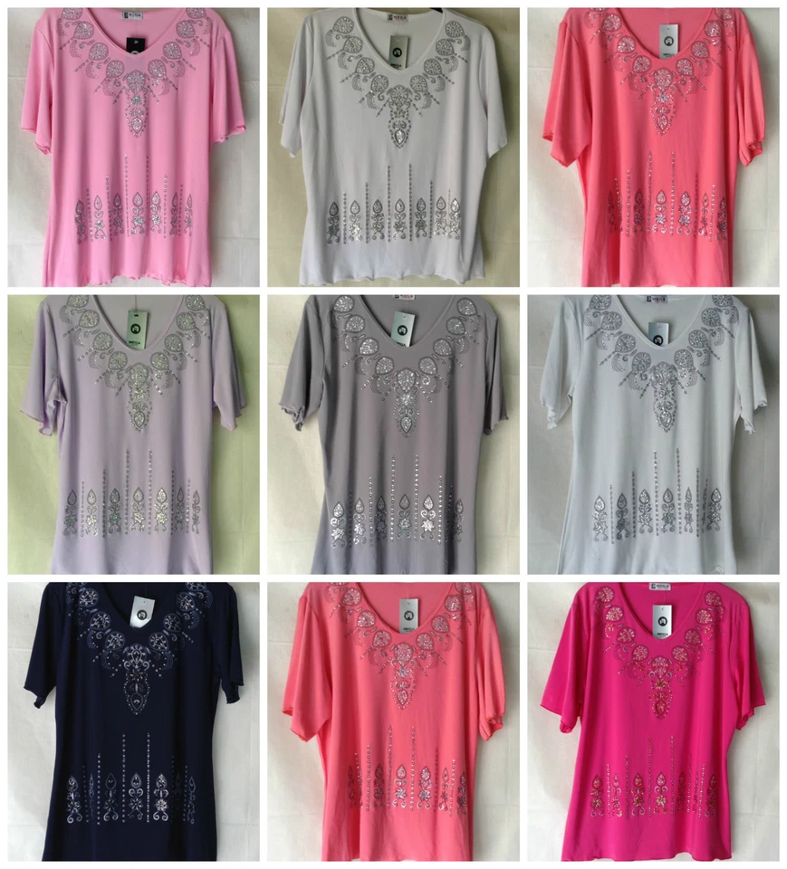 NEW LADIES GLITTER SPARKLY TOP JERSEY STRETCH T.SHIRT PARTYWEAR *20 COLOURS* - Image 1 of 1
