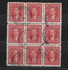 CANADA Scott O233- BLK of 9 - 3¢ CARMINE   OHMS Perfin - Picture 1 of 1