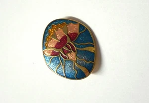 Vintage 1980's~Tulips in Peach/Magenta/Teal Enamel Cloisonne~1 1/2" Oval Pin - Picture 1 of 2