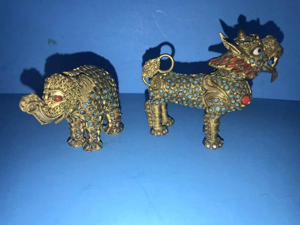 ANTIQUE CHINESE STONE coral ENCRUSTED BRASS FU FOO DOG LION & ELEPHANT - Image 1 of 4