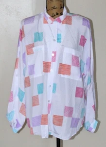 Vintage 80s Lady Manhattan Sheer White Multi Long Sleeve Button Blouse Damen L - Bild 1 von 14