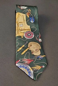 BASIC ELEMENTS Mens Green Fishing Tackle Lures Necktie Tie Silk NEW with Tags - Picture 1 of 5