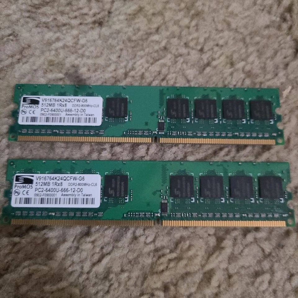 Lot of 2 ProMOS 512MB 1Rx8 DDR2-800 PC2-6400 240pin DIMM - Image 1 of 1