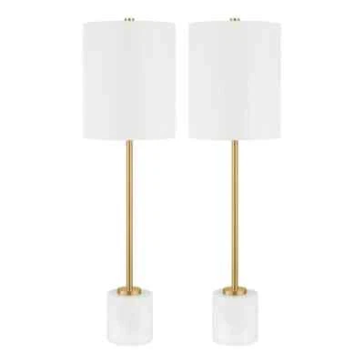 Pearson 32 pulgadas Lámpara de mesa chapada en oro y mármol blanco con pantalla de tela blanca ( Foto 1 de 4