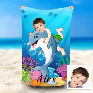 Custom Photo & Name Beach Towel, Personalzied Dolphin Swimming Towel Gift - Picture 1 of 1