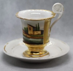 Antigua taza y platillo de porcelana de porcelana de Francia París mango de león dorado siglo XIX - Imagen 1 de 9
