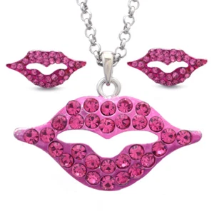 Valentine's Day Gift Pink Lips Pendant Necklace & Stud Post Earrings Set Charm - Picture 1 of 3