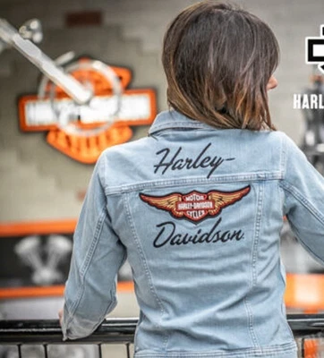 Harley-Davidson Jean Jacket SILVER WING STRETCH Embroidered Denim NWT M Medium - Image 1 of 4