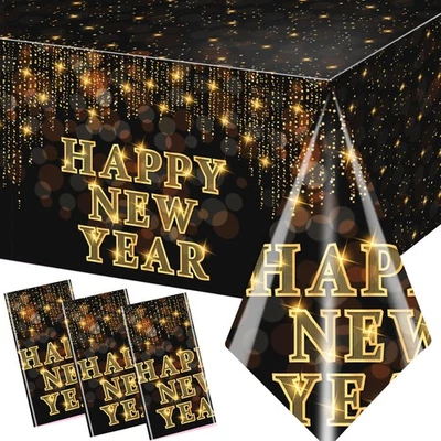 3pcs New Years Eve Tablecloth Party Decoration Happy New Year Gold and Black ... - Image 1 of 4