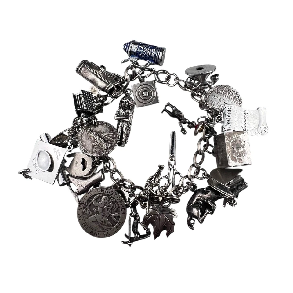 Vintage Sterling Silver Charm Bracelet 7.5" 25 Charms Travel Religious Phone - Image 1 of 4